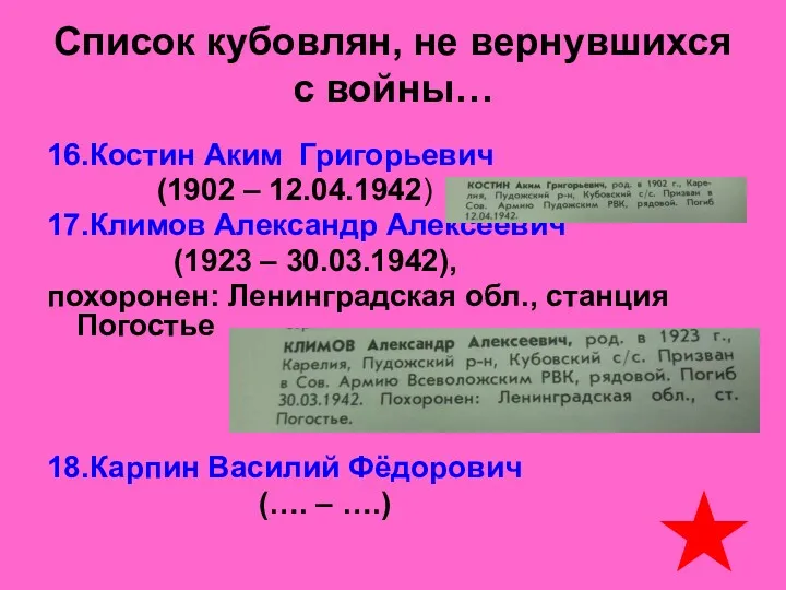 Список кубовлян, не вернувшихся с войны… 16.Костин Аким Григорьевич (1902