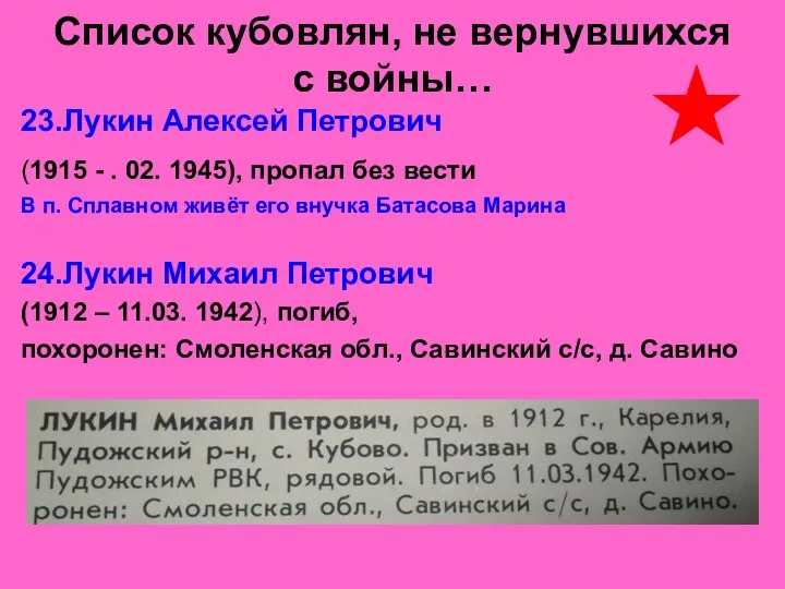 Список кубовлян, не вернувшихся с войны… 23.Лукин Алексей Петрович (1915