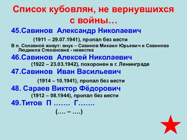 Список кубовлян, не вернувшихся с войны… 45.Савинов Александр Николаевич (1911