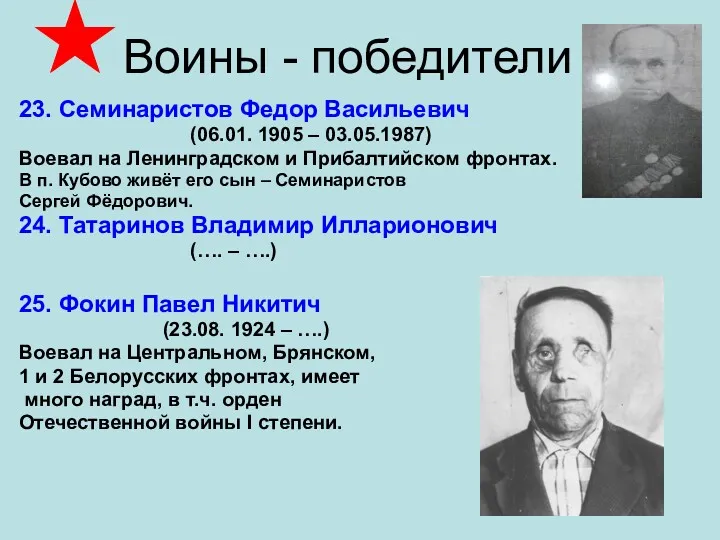 Воины - победители 23. Семинаристов Федор Васильевич (06.01. 1905 –