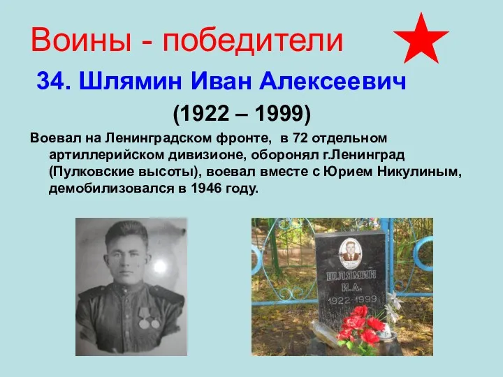 Воины - победители 34. Шлямин Иван Алексеевич (1922 – 1999)