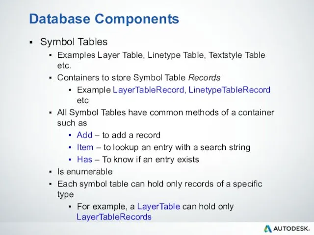 Database Components Symbol Tables Examples Layer Table, Linetype Table, Textstyle