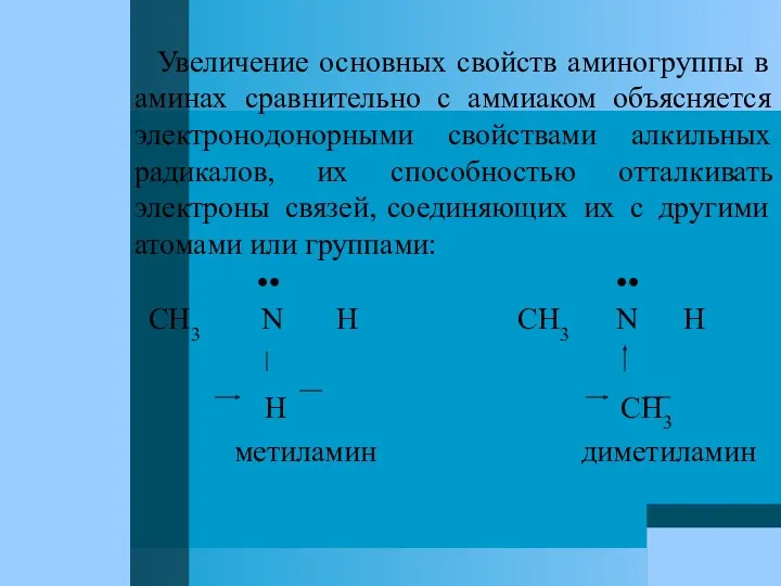 Увеличение основных свойств аминогруппы в аминах сравнительно с аммиаком объясняется