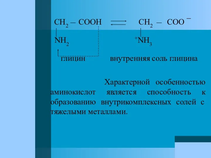 CH2 COOH CH2 COO ¯ NH2 +NH3 глицин внутренняя соль