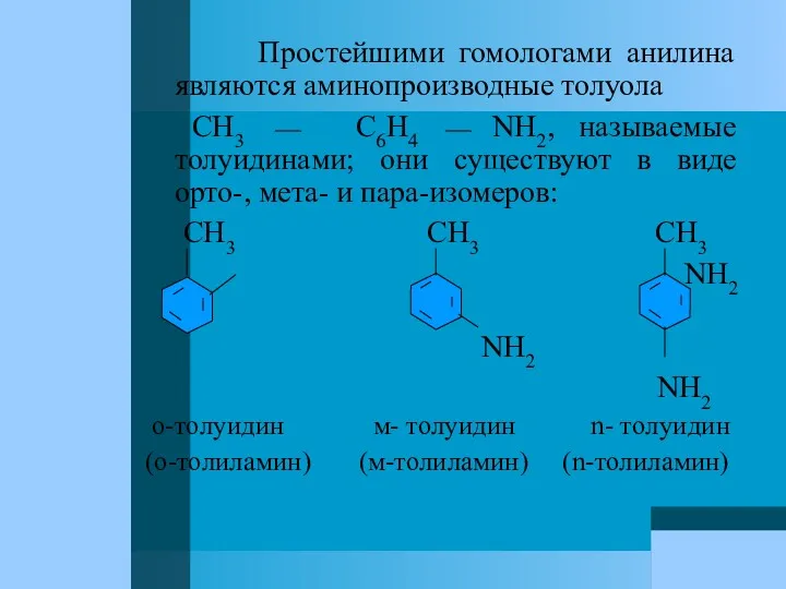 Простейшими гомологами анилина являются аминопроизводные толуола CH3 C6H4 NH2, называемые