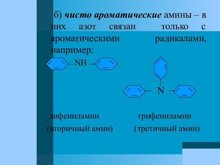 б) чисто ароматические амины – в них азот связан только