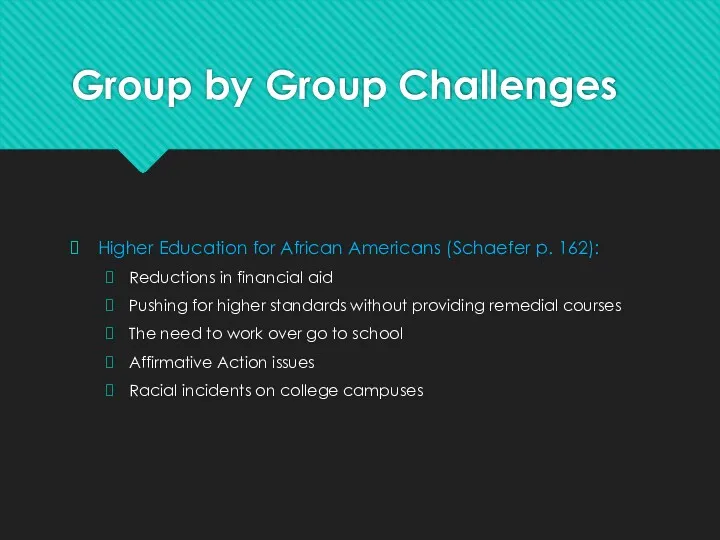 Group by Group Challenges Higher Education for African Americans (Schaefer