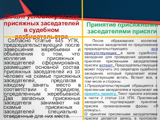 Общие условия участия присяжных заседателей в судебном разбирательстве Согласно статье