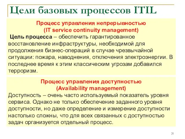 Цели базовых процессов ITIL Процесс управления непрерывностью (IT service continuity