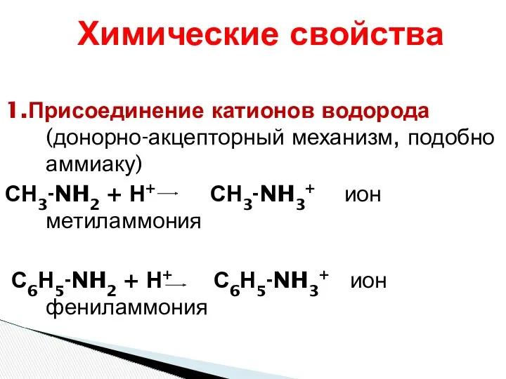 1.Присоединение катионов водорода (донорно-акцепторный механизм, подобно аммиаку) СН3-NH2 + Н+