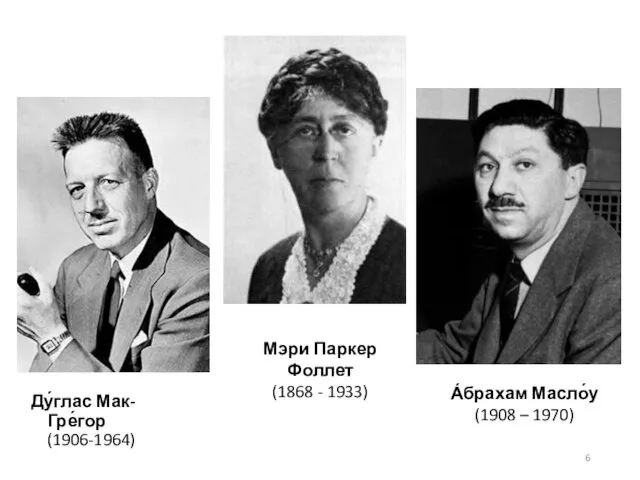 Ду́глас Мак-Гре́гор (1906-1964) Мэри Паркер Фоллет (1868 - 1933) А́брахам Масло́у (1908 – 1970)