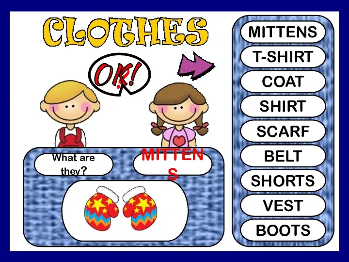 What are they? MITTENS ? MITTENS T-SHIRT COAT SHIRT SCARF BELT SHORTS VEST BOOTS OK!