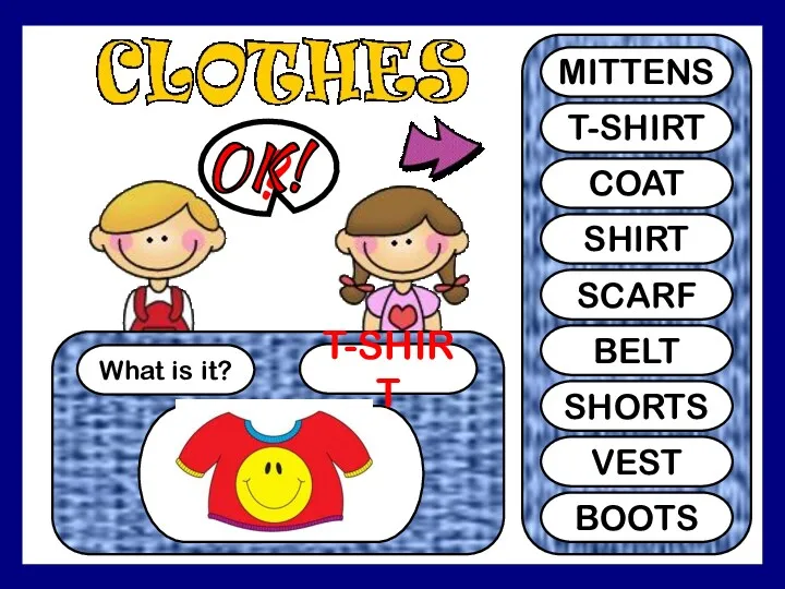 What is it? T-SHIRT ? MITTENS T-SHIRT COAT SHIRT SCARF BELT SHORTS VEST BOOTS OK!