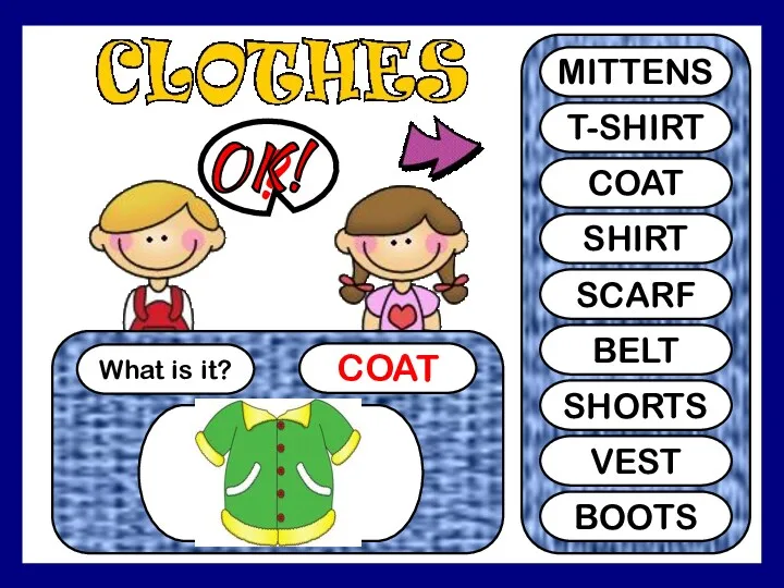 SHI What is it? COAT ? MITTENS T-SHIRT COAT SHIRT SCARF BELT SHORTS VEST BOOTS OK!