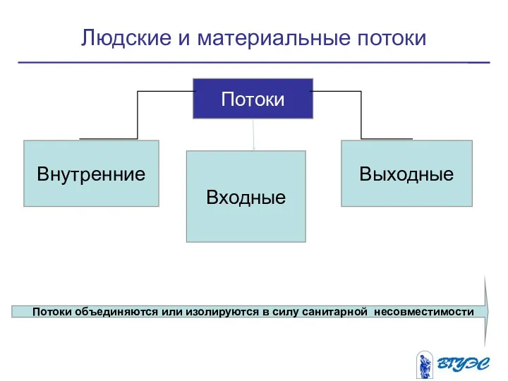 Людские и материальные потоки Потоки Выходные Внутренние Входные Потоки объединяются или изолируются в силу санитарной несовместимости