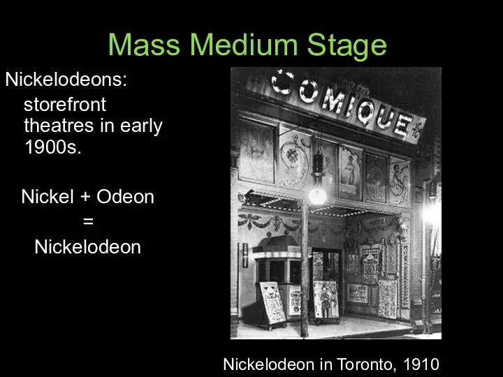 Mass Medium Stage Nickelodeons: storefront theatres in early 1900s. Nickel + Odeon =