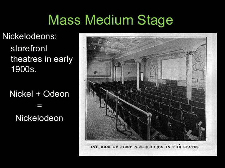 Mass Medium Stage Nickelodeons: storefront theatres in early 1900s. Nickel + Odeon = Nickelodeon