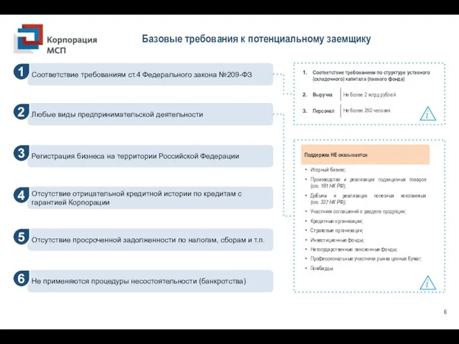 Базовые требования к потенциальному заемщику Соответствие требованиям по структуре уставного