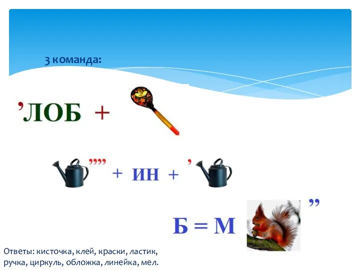 3 команда: Ответы: кисточка, клей, краски, ластик, ручка, циркуль, обложка, линейка, мел.