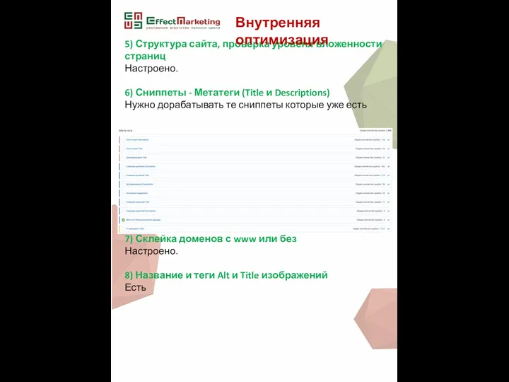 5) Структура сайта, проверка уровеня вложенности страниц Настроено. 6) Сниппеты