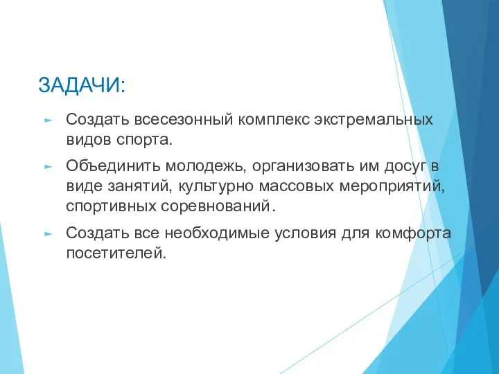 Создать всесезонный комплекс экстремальных видов спорта. Объединить молодежь, организовать им