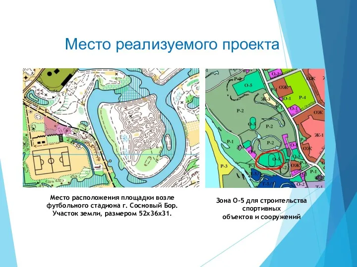 Место реализуемого проекта Место расположения площадки возле футбольного стадиона г.