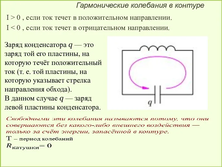 Гармонические колебания в контуре I > 0 , если ток