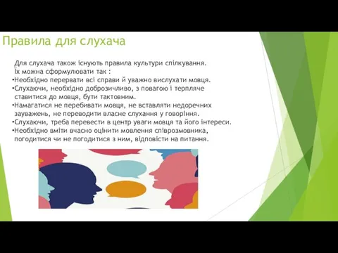 Правила для слухача Для слухача також існують правила культури спілкування.