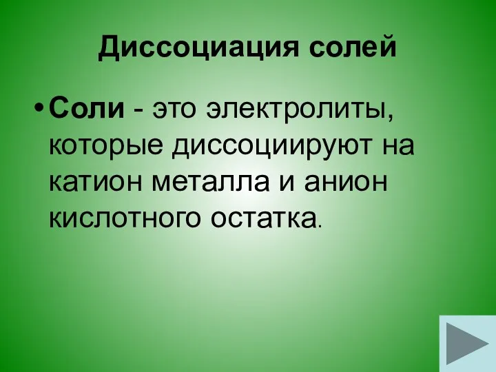 Диссоциация солей Соли - это электролиты, которые диссоциируют на катион металла и анион кислотного остатка.