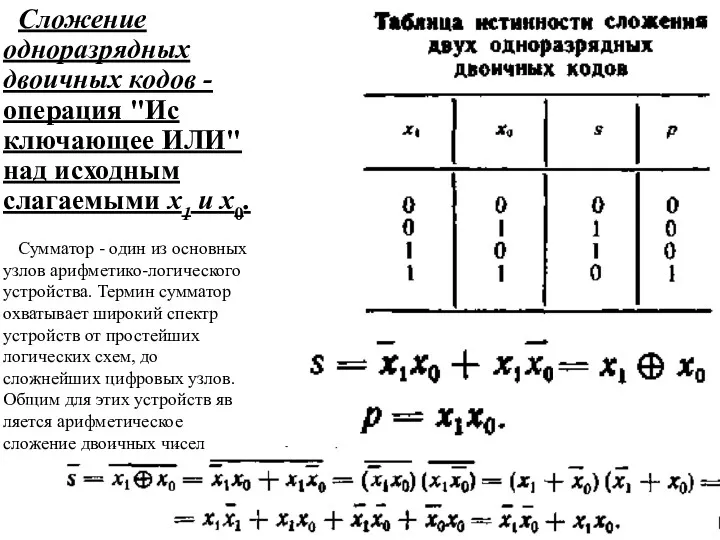 Сложение одноразрядных двоичных кодов - операция "Ис­ключающее ИЛИ" над исходным