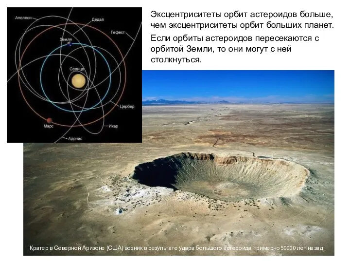 Эксцентриситеты орбит астероидов больше, чем эксцентриситеты орбит больших планет. Если