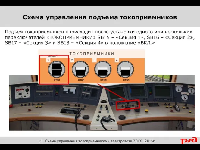 15| Схема управления токоприемниками электровоза 2ЭС6 |2015г. Подъем токоприемников происходит