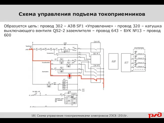 18| Схема управления токоприемниками электровоза 2ЭС6 |2015г. Образуется цепь: провод