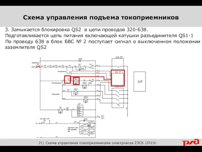 21| Схема управления токоприемниками электровоза 2ЭС6 |2015г. 3. Замыкается блокировка