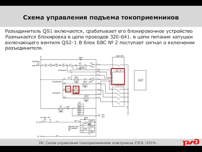 24| Схема управления токоприемниками электровоза 2ЭС6 |2015г. Разъединитель QS1 включается,