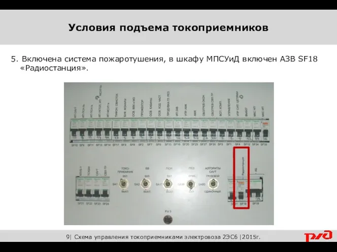 9| Схема управления токоприемниками электровоза 2ЭС6 |2015г. 5. Включена система