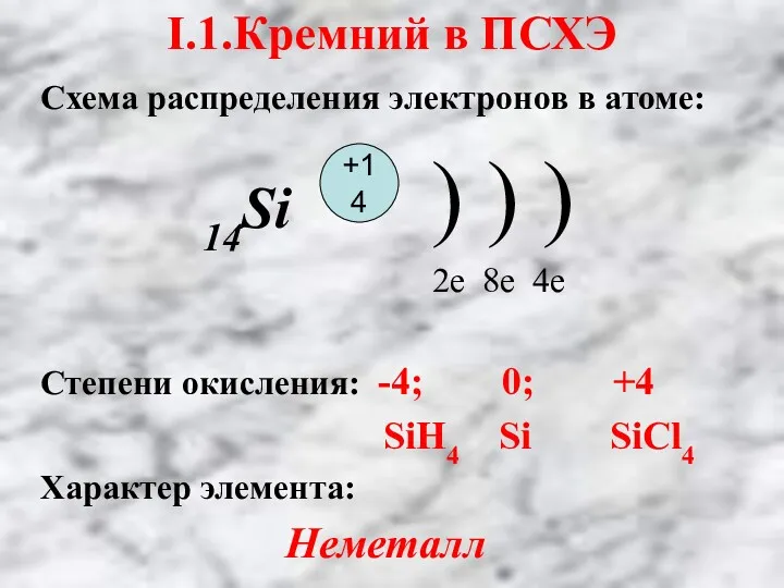 Схема распределения электронов в атоме: 14Si ) ) ) 2е