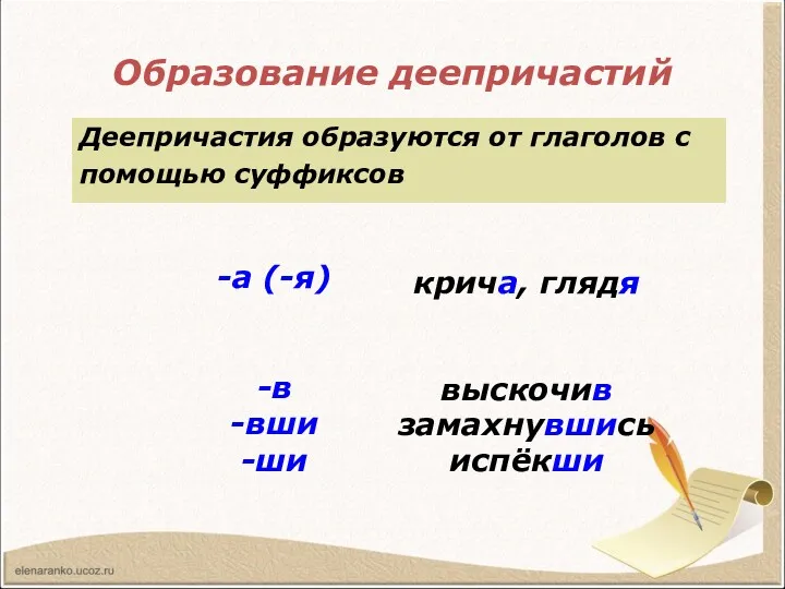 Образование деепричастий Деепричастия образуются от глаголов с помощью суффиксов крича,