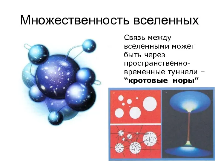 Множественность вселенных Связь между вселенными может быть через пространственно-временные туннели – “кротовые норы”