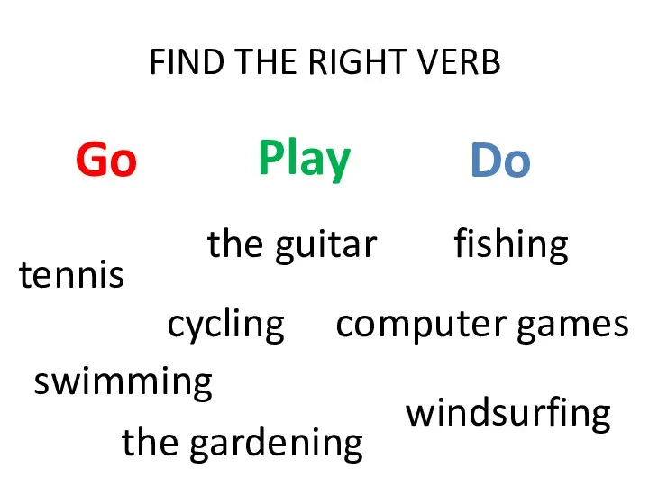 FIND THE RIGHT VERB Go Play Do windsurfing swimming computer