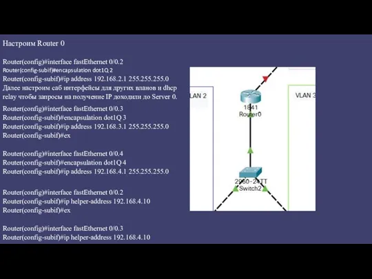 Настроим Router 0 Router(config)#interface fastEthernet 0/0.2 Router(config-subif)#encapsulation dot1Q 2 Router(config-subif)#ip