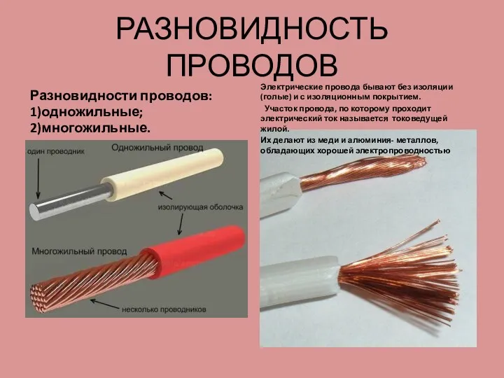 РАЗНОВИДНОСТЬ ПРОВОДОВ Разновидности проводов: 1)одножильные; 2)многожильные. Электрические провода бывают без