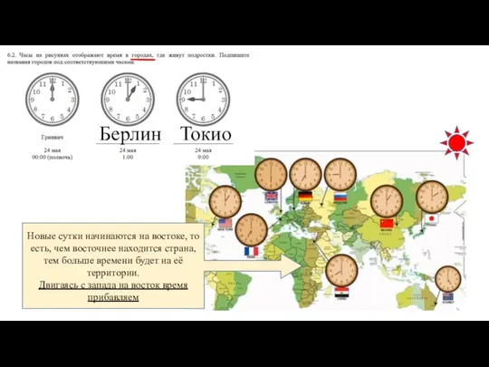 Новые сутки начинаются на востоке, то есть, чем восточнее находится