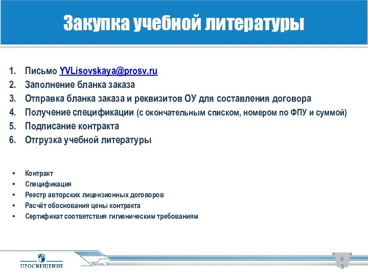 Письмо YVLisovskaya@prosv.ru Заполнение бланка заказа Отправка бланка заказа и реквизитов
