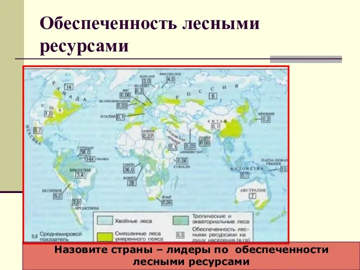 Обеспеченность лесными ресурсами Назовите страны – лидеры по обеспеченности лесными ресурсами