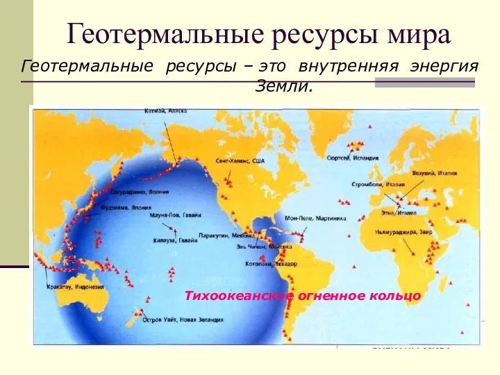 Геотермальные ресурсы мира Геотермальные ресурсы – это внутренняя энергия Земли. Тихоокеанское огненное кольцо