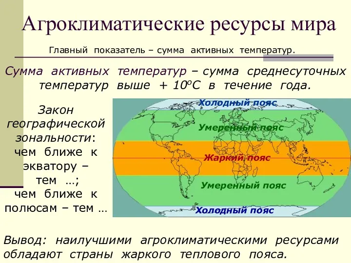 Агроклиматические ресурсы мира Главный показатель – сумма активных температур. Сумма