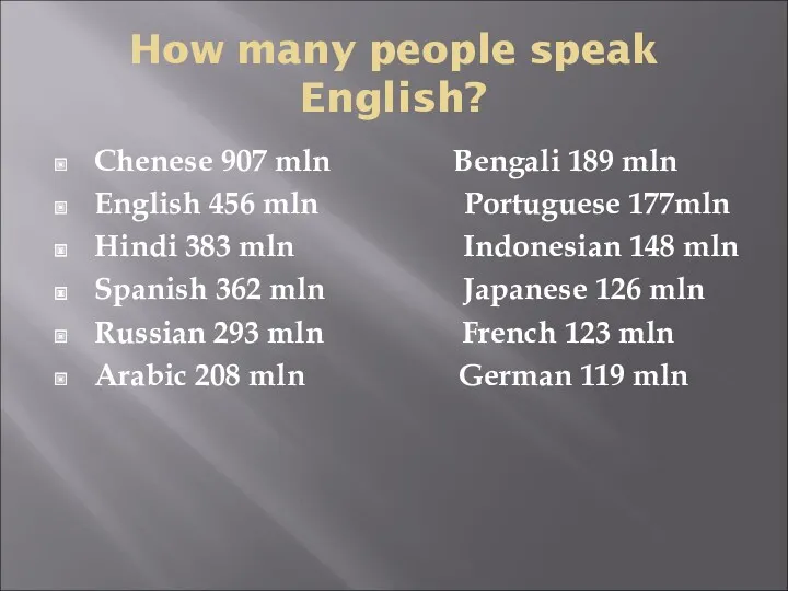How many people speak English? Chenese 907 mln Bengali 189