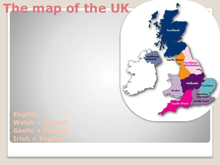 English Welsh + English Gaelic + English Irish + English The map of the UK