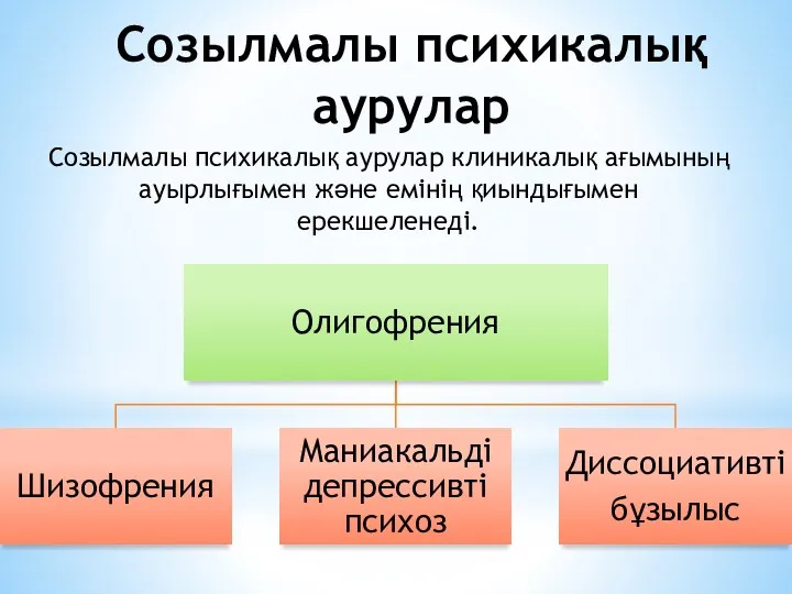 Созылмалы психикалық аурулар Созылмалы психикалық аурулар клиникалық ағымының ауырлығымен және емінің қиындығымен ерекшеленеді.